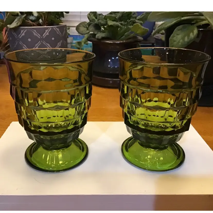 Vintage MCM Avocado Green Juice Glasses Set of 2 Indiana Glass Whitehall Pattern
