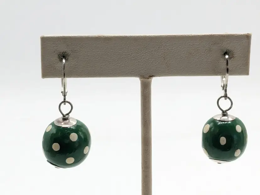 Silver Tone Green Polka Dot Drop Pierced Earrings