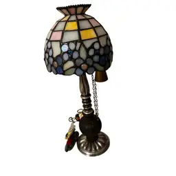 Vintage Dilly Metal and Wood Pillar Candle Holder Married To A vintage Tiffany-style stained glass lamp Shade