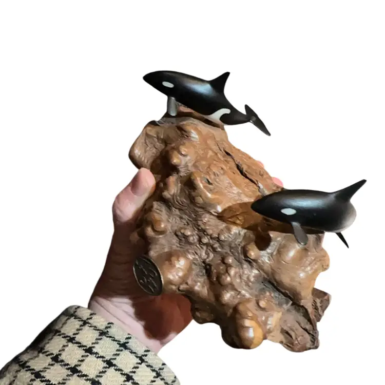 John Perry Studio Orca Killer Whales Burl Wood Art Sculpture Figure Ocean Scene