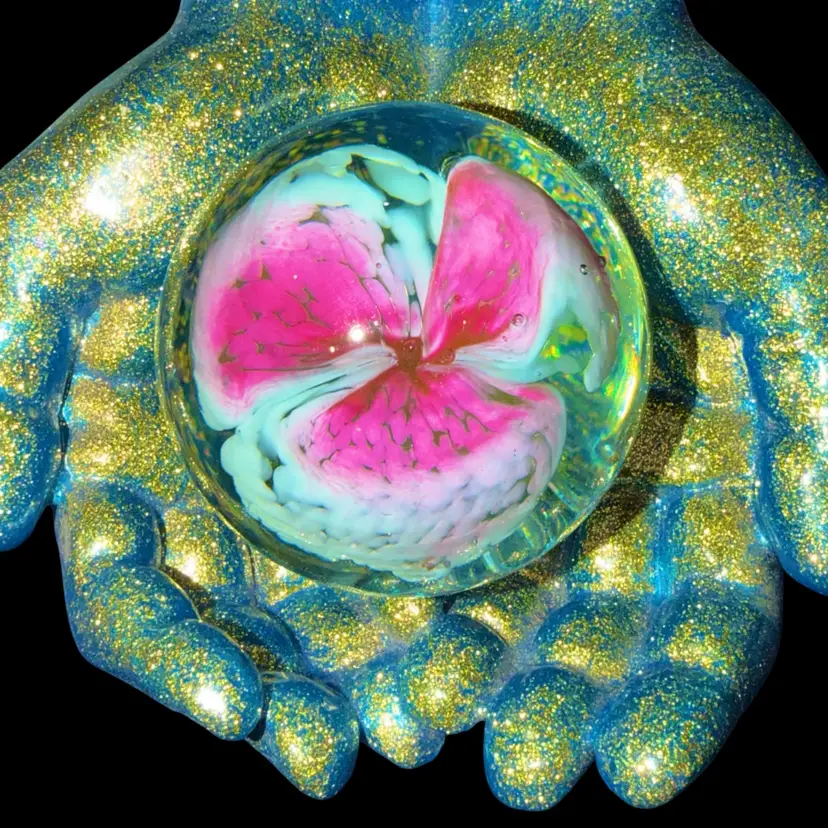 Vintage 1987 Glass Eye Studio Pink and White Floral Paperweight