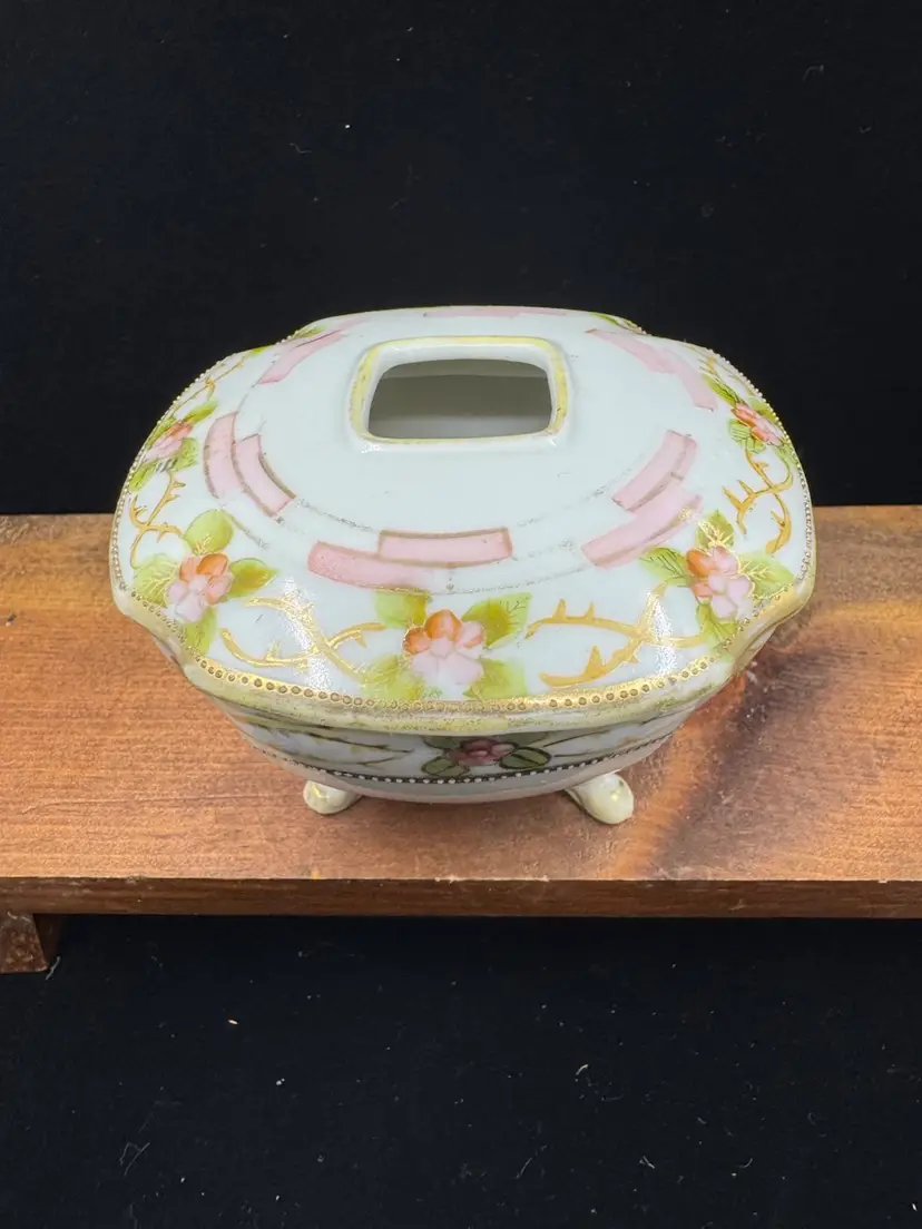 Antique Ornate Nippon porcelain hair receiver with hand-painted floral decoration, Hairline Crack As Seen In Last Picture