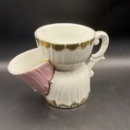 Antique German Ceramic Shaving Scuttle With Gold Trim And Pink Spout - Some Wear Around Too See Pics