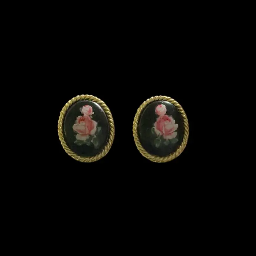 Vintage Goldtone Trifari Oval Shape Cabochon Black Enamel Rose Clip Earrings.