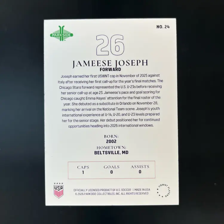 Jameese Joseph 2026 Parkside USWNT The Squad Stars Insert Soccer Card