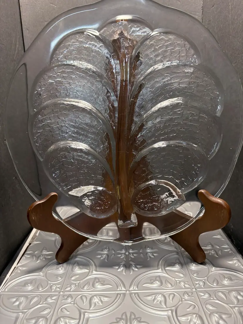 Vintage Orrefors Eden Tree Of Life Leaf Textured Art Glass Platter Tray Clear Glows W/UV Sweden