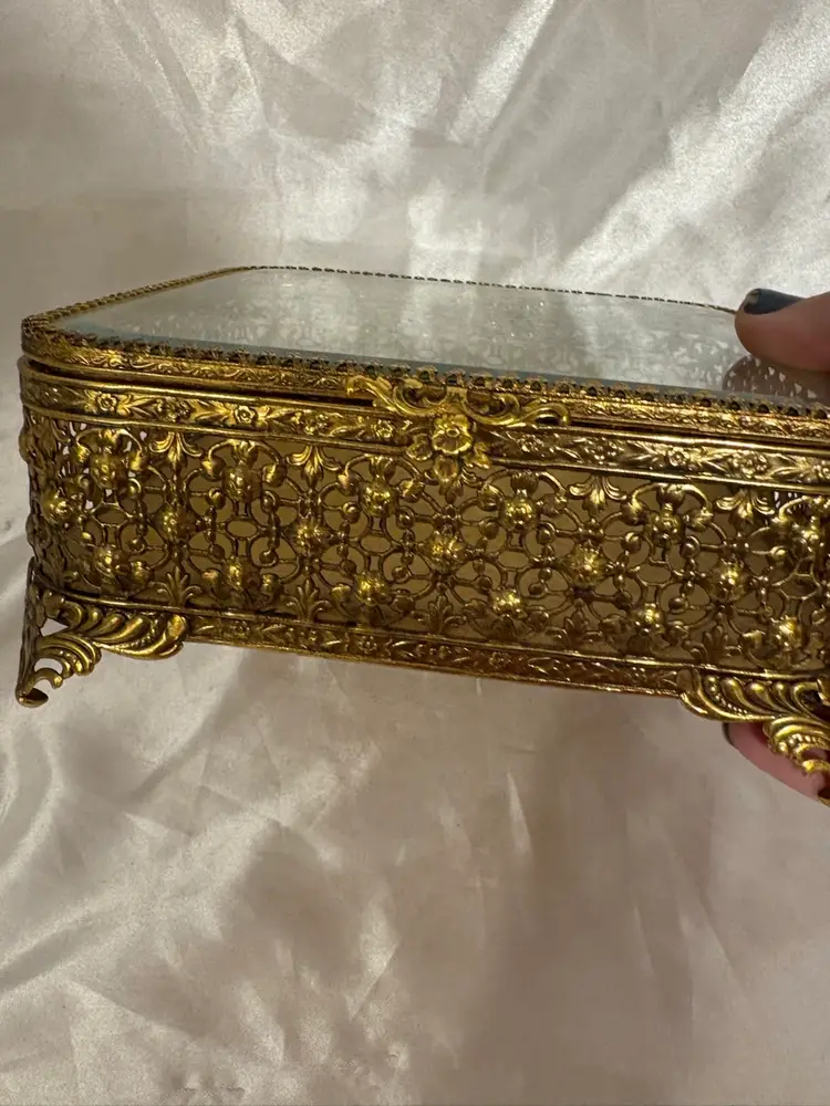Vintage Jewelry box beveled glass gold metal footed