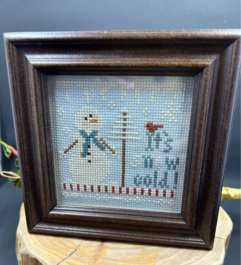 Framed Snowman Handmade Counted Cross Stitch It’s Snow Cold X-stitch