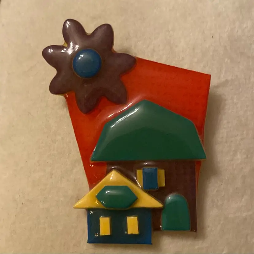House Pins By Lucinda - Red Sky With Big Brown Flower … A House And A Barn With A Yellow And A Green Roof … Full Of Primary Colors