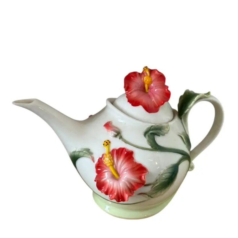 Alii Hawaiian Porcelain Teapot Pink Hibiscus Floral Design Compare to Franz 
6” T x 8-1/2” L x 5” W