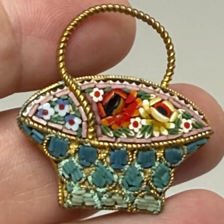 Vintage Micro Mosaic Glass Flower Basket Brooch Pin Gold Tone Rope Border Italy