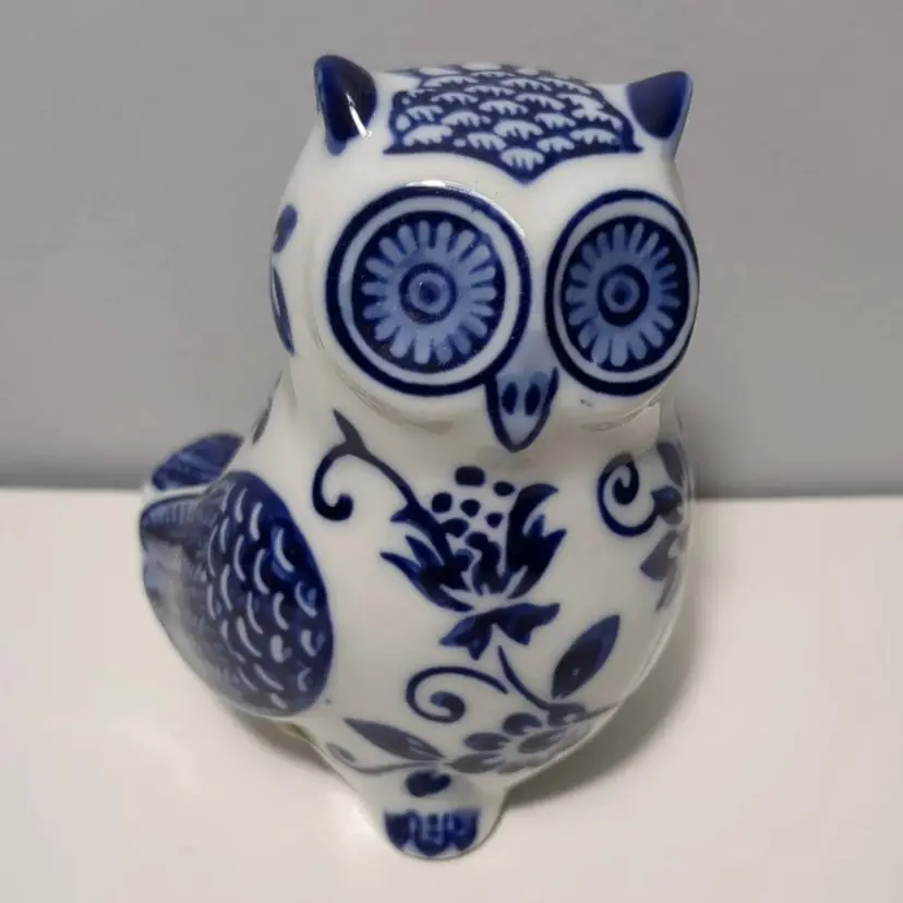 Pier 1 Porcelain Owl Figurine Blue Floral Motif