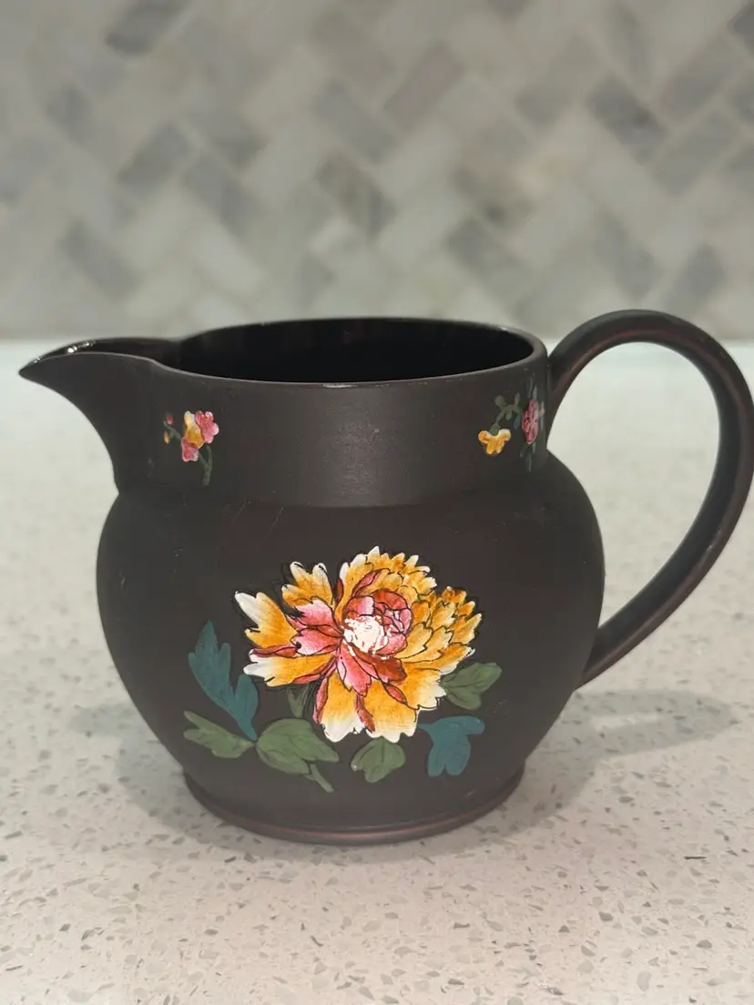 Vintage 19th-century Wedgwood black basalt creamer, specifically styled as 'Capri Ware” 4” tall 6” wide