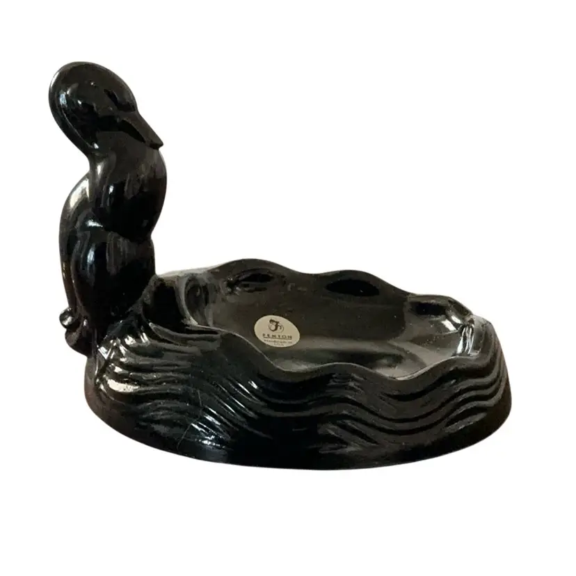 Art Deco Fenton Black Glass Soap Dish With Duck