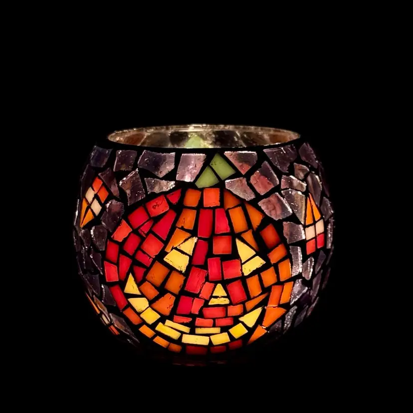 Glass Mosaic Jack-O-Lantern Tea/Candle Light Orange/Yellow/Amethyst
3-1/2” T x 3-1/2” W