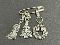 Silver Toned Christmas Stocking, Tree, And Wreath Charms Safety Pin Brooch