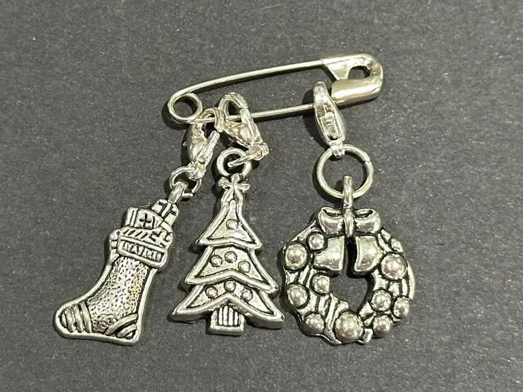 Silver Toned Christmas Stocking, Tree, And Wreath Charms Safety Pin Brooch