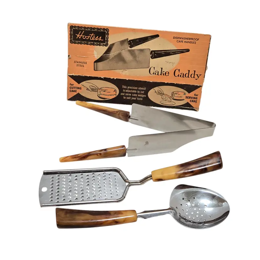 50s Bakelite handle Cake, Grater, Slotted Spoon Set
