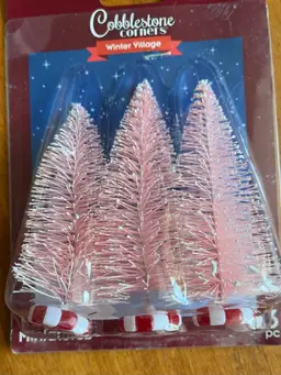 Pink Flocked Bottle Brush Christmas Tree with Peppermint Candy Bottoms Set of 3
