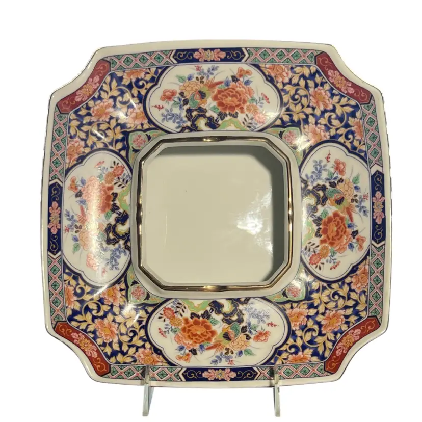 10” Vintage Imari Ashtray Japanese Hand-Painted Porcelain Flower Bird Traditional Red Blue Gold Color