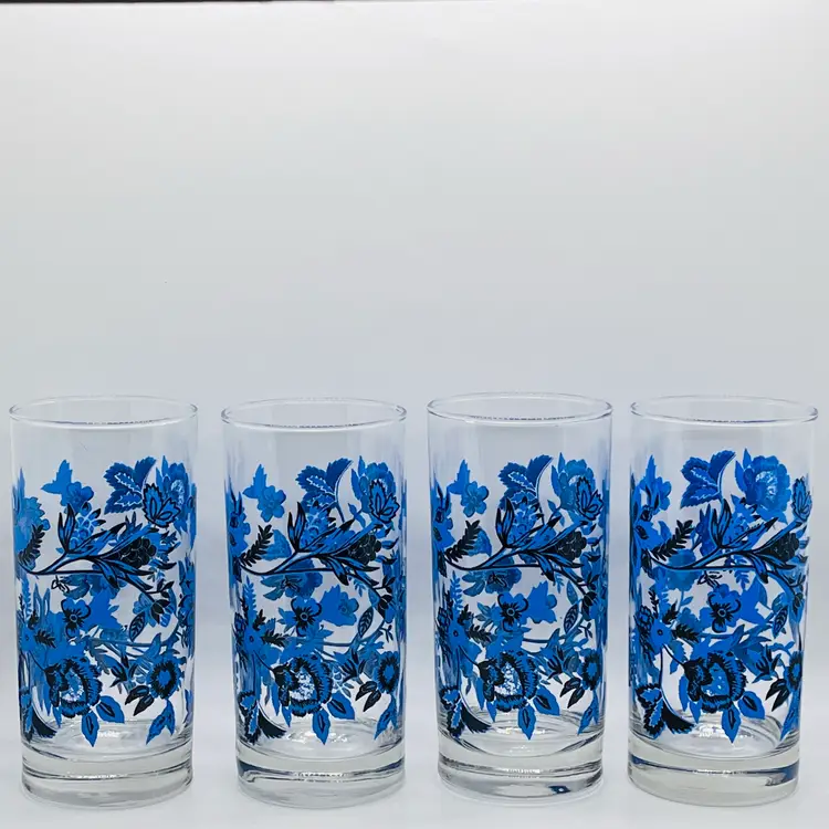 Libbey Royal Norfolk Blue Floral Glass Water Iced Tea Tumblers