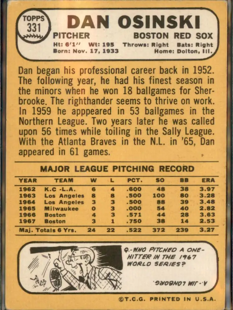 1968 Topps #331 Dan Osinski - (pk3) - Boston Red Sox