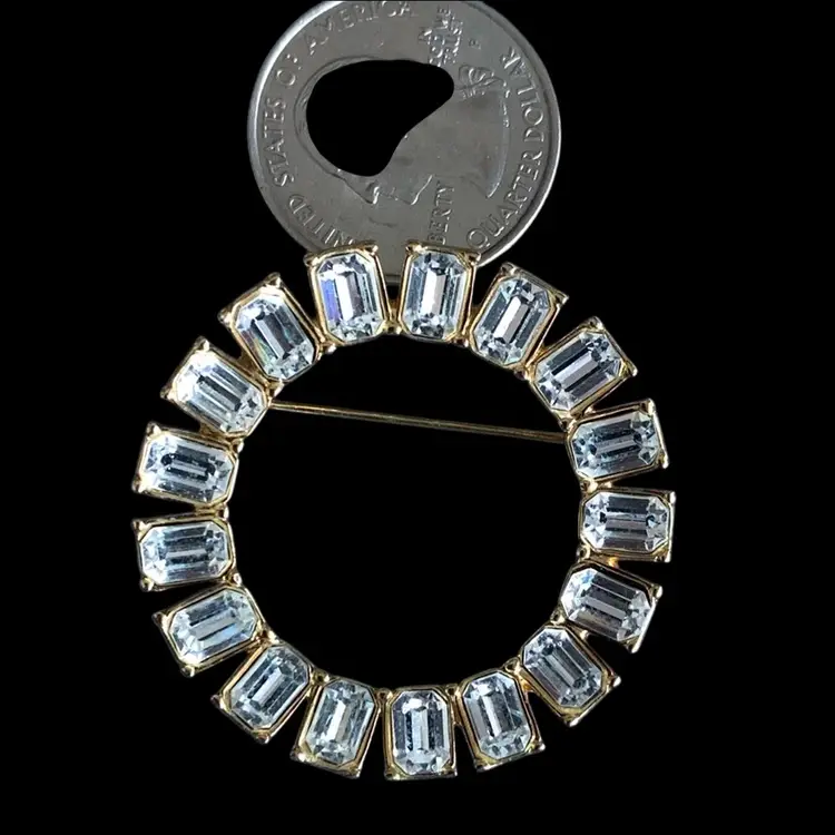 Monet Gold Tone Circle Brooch With Rectangular Clear Rhinestone