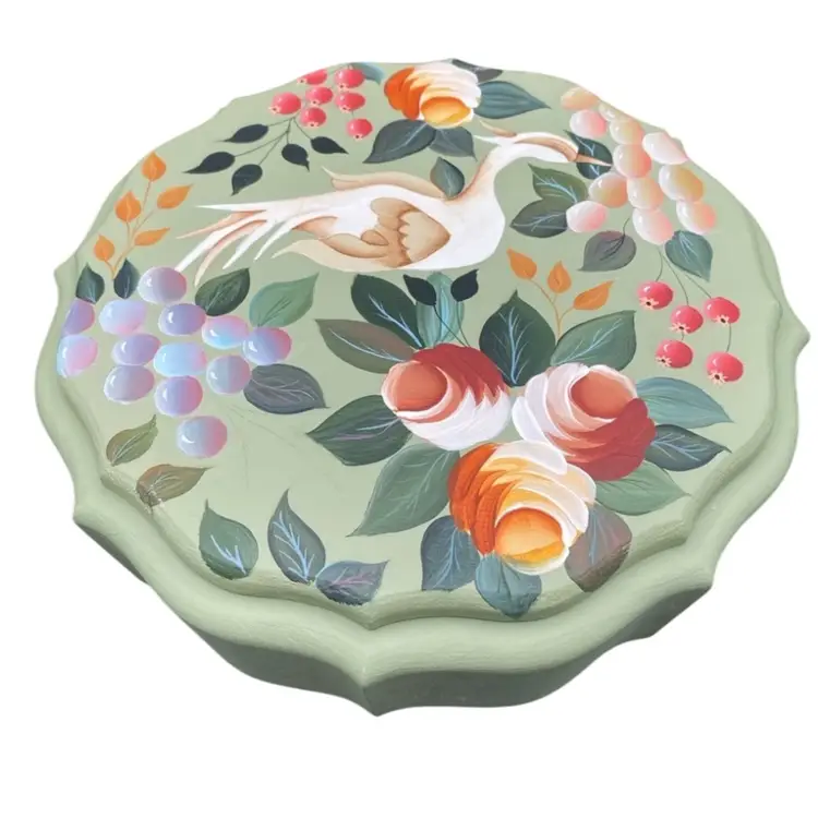 Vintage Hand-Painted Sage Green Floral Wooden Storage Box, Scalloped, 9.25"