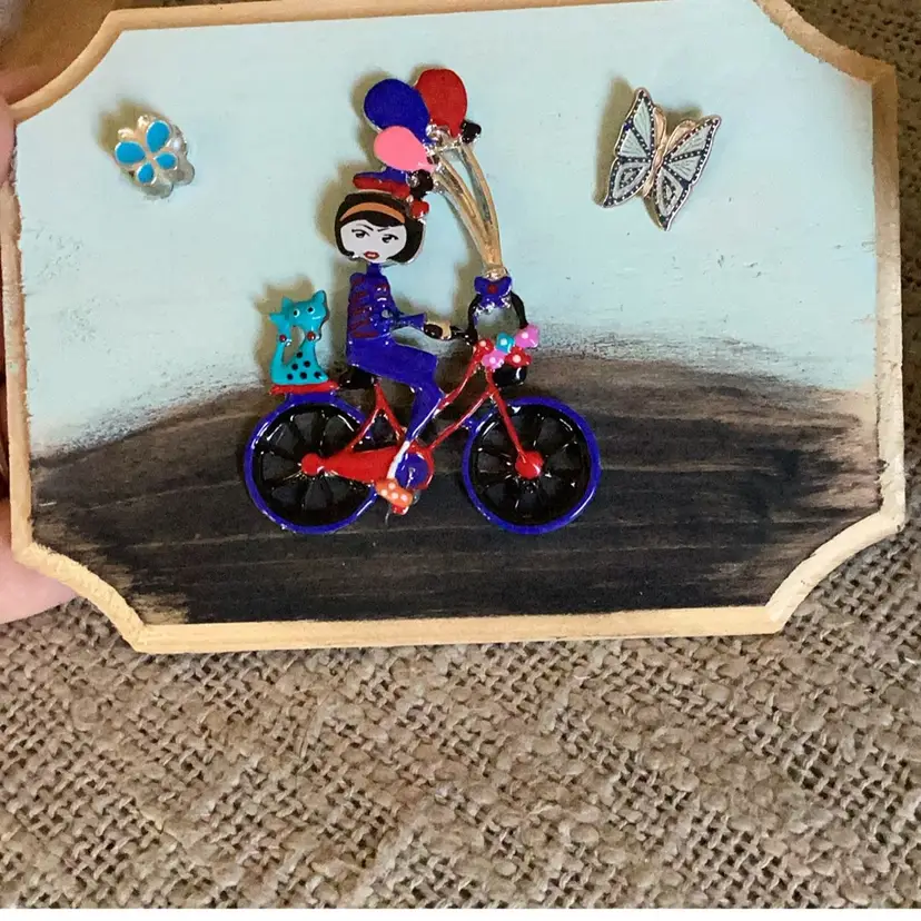 Made By Me Lady On Bike With Cat On Wood Plaque