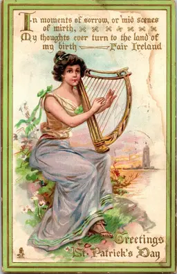 Postcard St Patrick's Day In Moments of Sorrow Harp Raphael Tuck No 184 Embossed