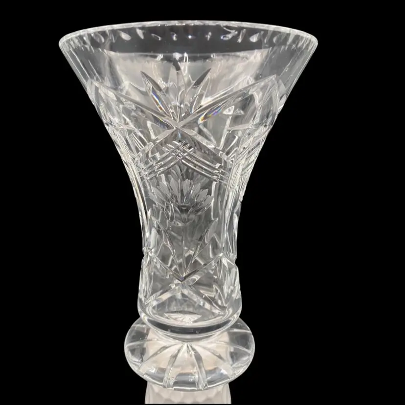 Hand-Cut Czech Crystal Pedestal Vase, Flowers/Tall Crosses, Half-Moon Edge