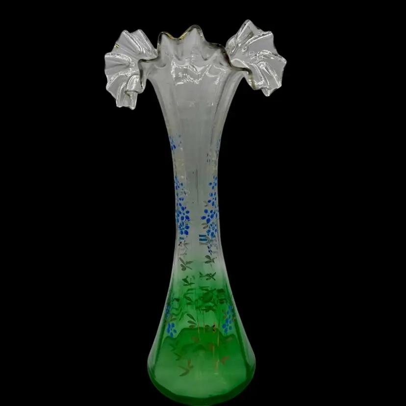 #01 Antique Victorian Green Base Enamel Painted Flowers Ruffled Rim Vase 11.25”