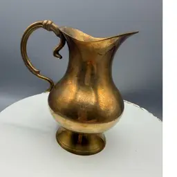 Vintage MCM Footed Brass Ewer/Jug/Pitcher with Ornate Handle 5 3/4” X 4 3/4”