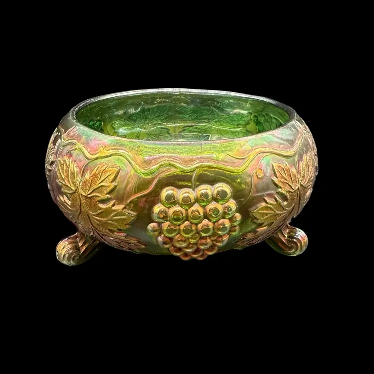 Fenton Vintage Green Carnival Glass 3 Footed Fernery Bowl Antique Grape Delight