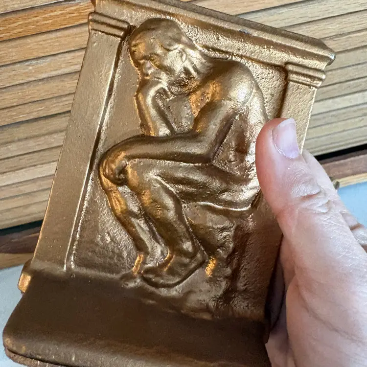 Vintage Cast Iron Thinking Man gold tone book ends