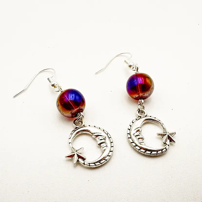 Man In Moon Star Glass Bead Earrings Silver Tone Handmade 2" L