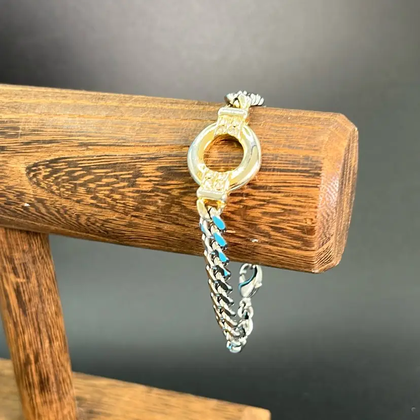 Liz Claiborne Vintage Two-Tone Curb Chain Bracelet From 1990s, lobster Clasp  7” Long