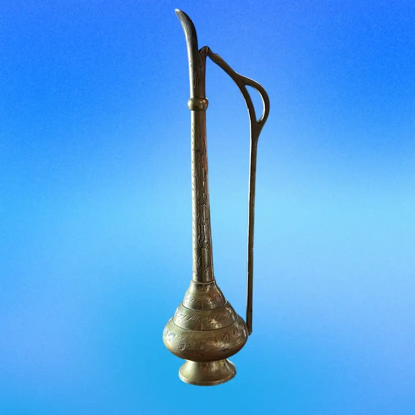 Brass Aftaba OIl Water Pitcher Middle Eastern engraved etched Vintage India 10"