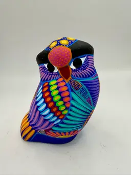 Vintage Owl Tonala Mexican Folk Art Hand Painted Ceramic Pottery 5” UV GLOW