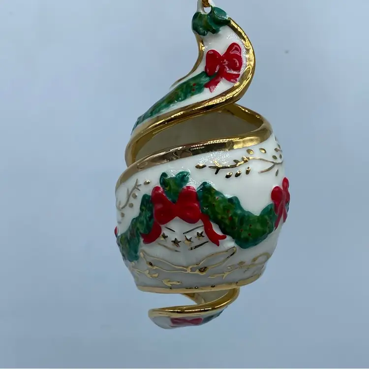 #2931 Pair Porcelain Tree Ornaments Drummer Boy And Swirly Cut Out Bauble 5”