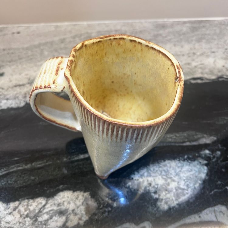 Vintage studio pottery heavy unique shape neutral colors farmhouse coffee tea mug
