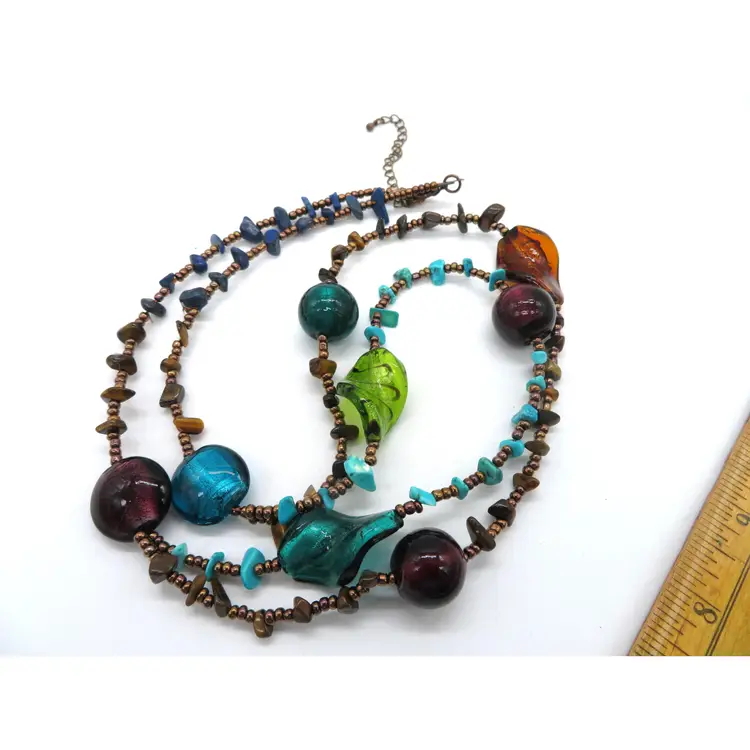 Vintage Hand-Blown Glass Beaded Necklace with copper turquoise color beads 13" long