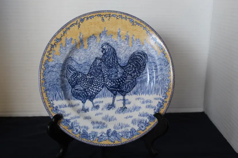 1x American Atelier Rooster Toile 5063 Porcelain Salad Plate Blue Yellow 8.25"