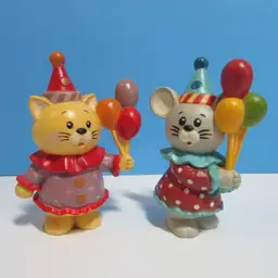 vintage Enesco Birthday figures kitty cat and mouse with party hats and balloons figurines celebration animals 1984