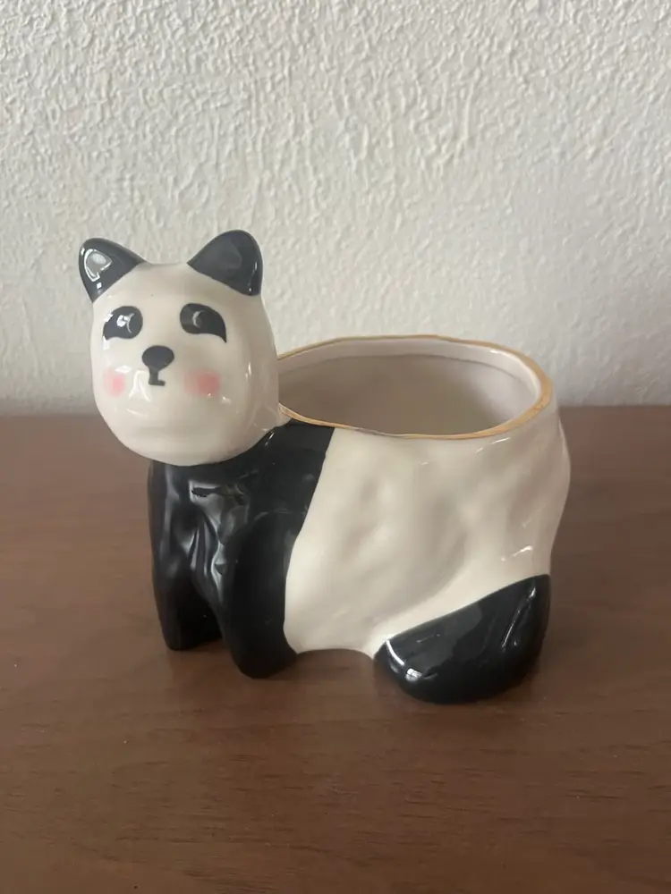 Anthropologie Planter Pot Panda Bear Gail CC Ceramics Black White Gold Retired