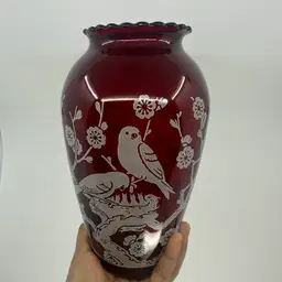 Ruby Red Hoover Bird Glass Vase 9”