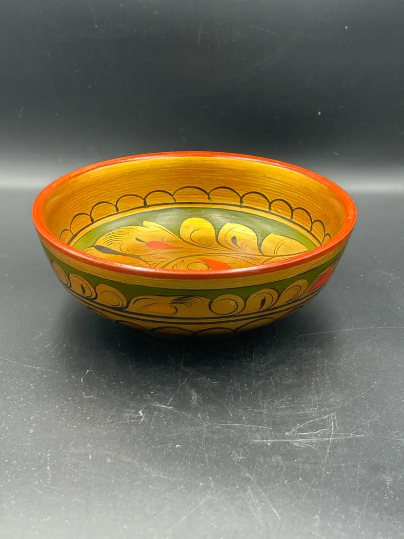 Vintage Russian Khokhloma Hand Painted Lacquer Wooden Bowl