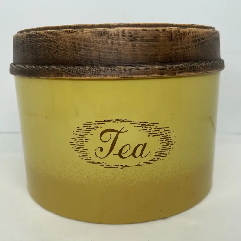 Vintage Tea Canister Cheinco Ombre Yellow 1970s Metal Round Wood Look Fruit Lid