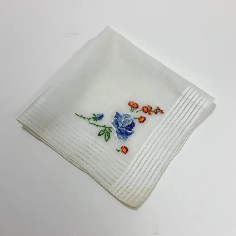 Floral Cross Stitch Embroidered Handkerchief Cottage Core Granny Vintage