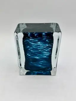 Art Glass Cuboid Ornamental Block Cube Paperweight Blue Swirl And Clear Heavy